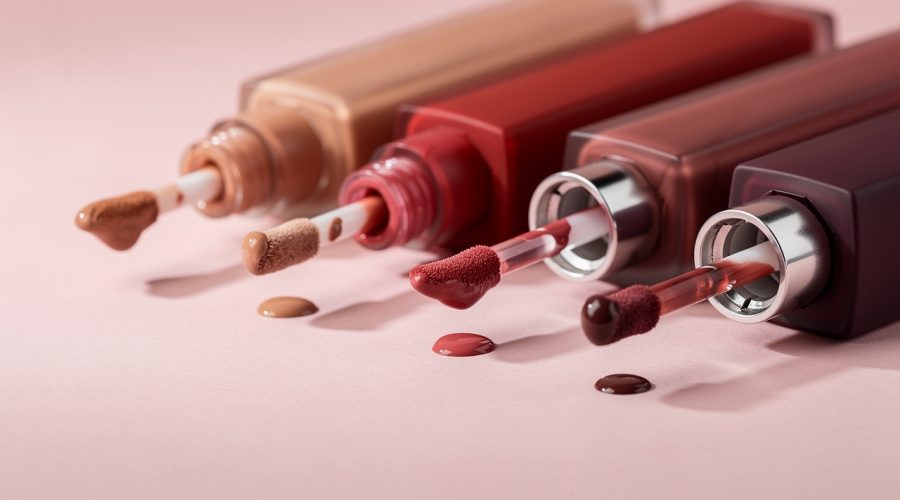 Plusieurs rouges à lèvres liquides mats ouverts avec leurs applicateurs visibles, dans des teintes nude, rouge et prune, sur un fond rose poudré éclairé par une lumière douce.