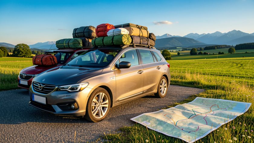 Voiture familiale chargée de bagages sur une aire de départ, avec une carte routière ouverte et un paysage estival de campagne et de montagnes en arrière-plan.