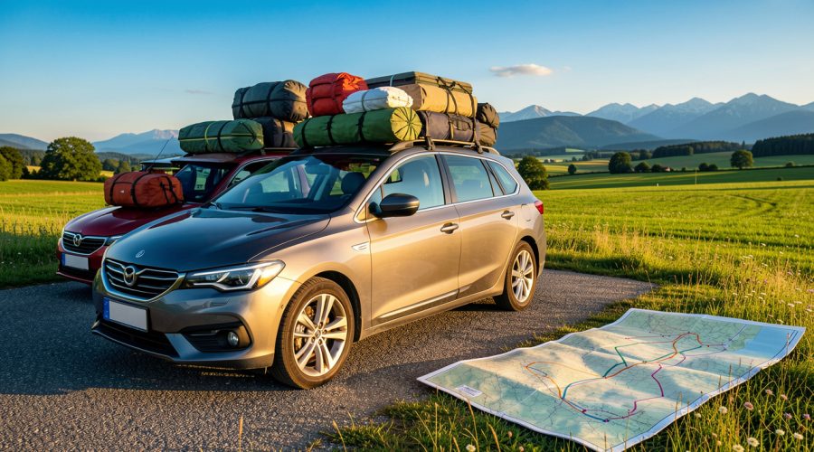 Voiture familiale chargée de bagages sur une aire de départ, avec une carte routière ouverte et un paysage estival de campagne et de montagnes en arrière-plan.