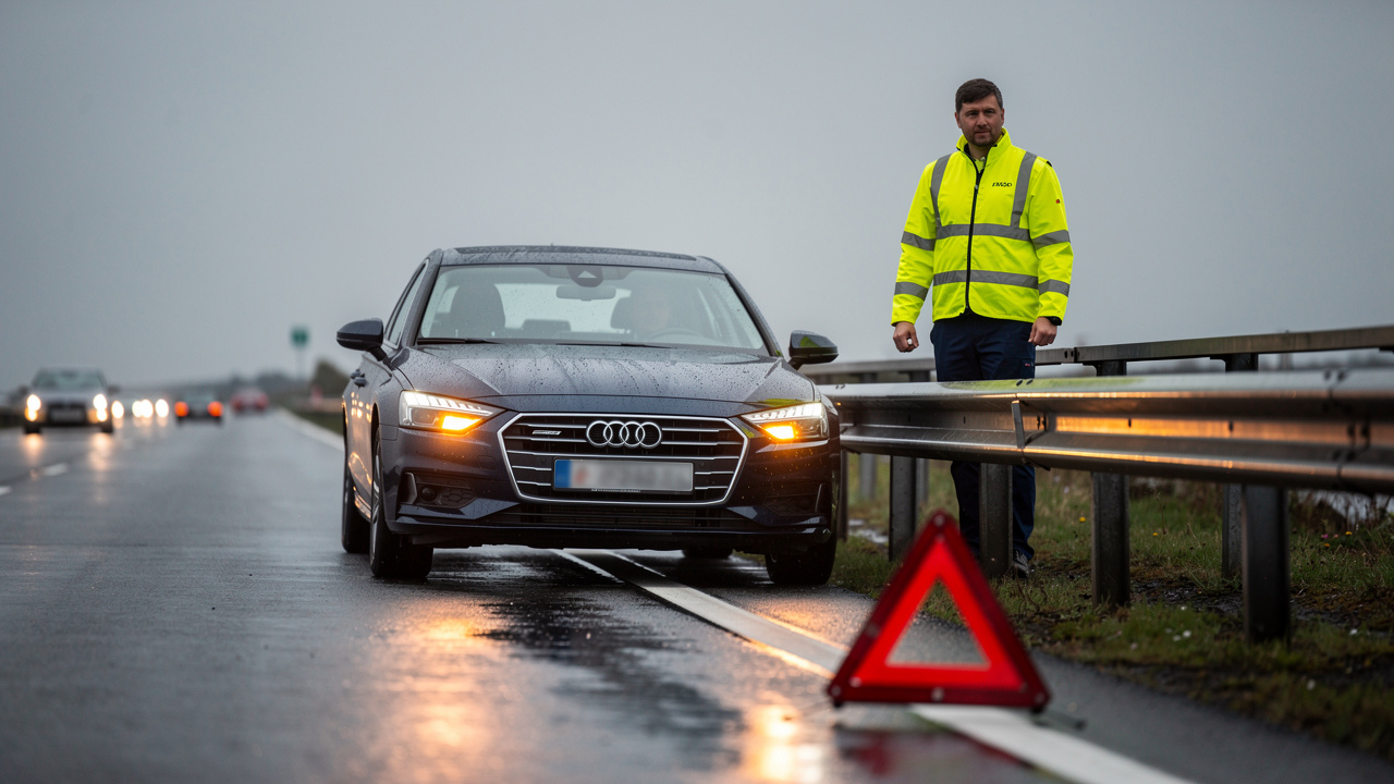 Une voiture est immobilisée sur le bas-côté, ses feux de détresse allumés, tandis qu’un conducteur portant un gilet haute visibilité se tient derrière la glissière et qu’un triangle de présignalisation est posé à distance.