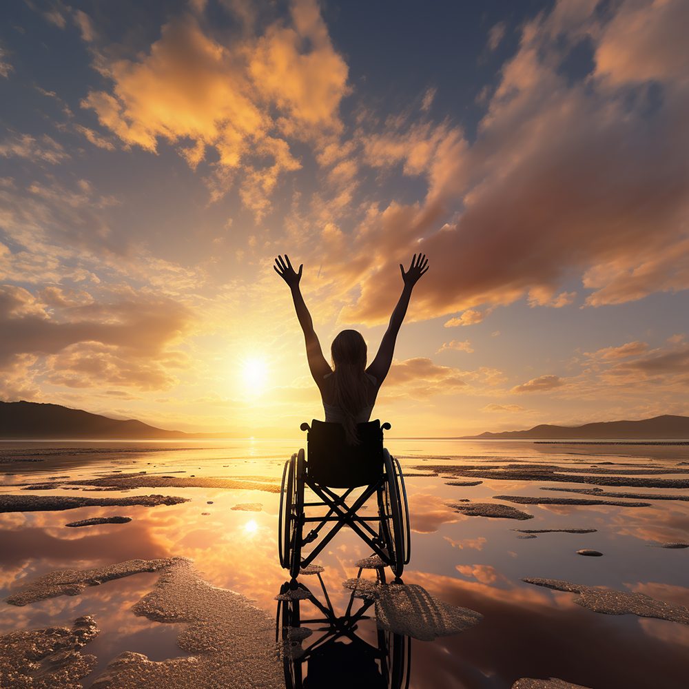Personne en fauteuil roulant profitant du bord de mer sur une plage aménagée des Antilles.