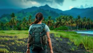 Voyageur préparant son budget pour un séjour de dix jours aux Antilles, avec calculatrice, carnet et billets sur une table.
