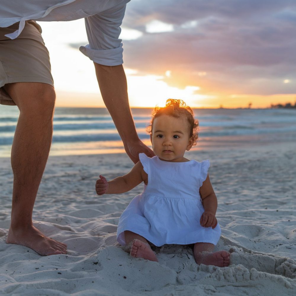 Famille profitant d’un moment calme au bord de la mer dans les Caraïbes avec un bébé.