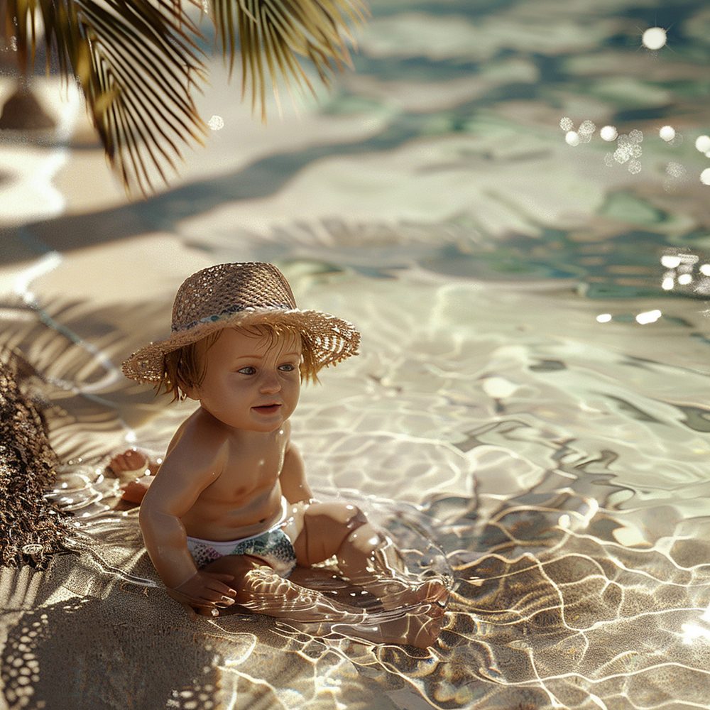 Parents installés sous un parasol avec leur bébé sur une plage tropicale.