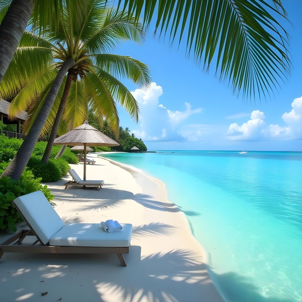 Paysage côtier des Caraïbes avec sable blanc, eau turquoise et resort en arrière-plan.