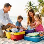 Une famille composée d’un homme, d’une femme, d’un jeune garçon et d’une jeune fille prépare des valises colorées devant une plage tropicale baignée d’une lumière douce.