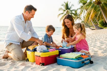 Une famille composée d’un homme, d’une femme, d’un jeune garçon et d’une jeune fille prépare des valises colorées devant une plage tropicale baignée d’une lumière douce.