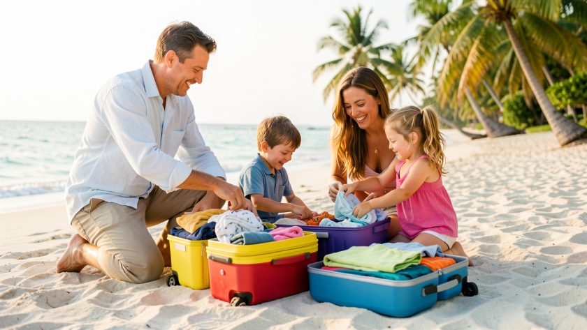 Une famille composée d’un homme, d’une femme, d’un jeune garçon et d’une jeune fille prépare des valises colorées devant une plage tropicale baignée d’une lumière douce.