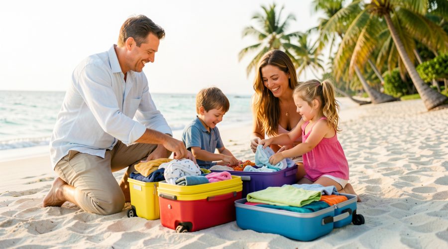 Une famille composée d’un homme, d’une femme, d’un jeune garçon et d’une jeune fille prépare des valises colorées devant une plage tropicale baignée d’une lumière douce.