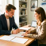 Un jeune homme échange avec une conseillère dans un bureau lumineux, tandis que des documents vierges liés au permis de conduire sont posés sur le bureau.