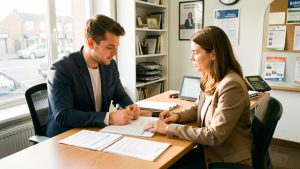 Un jeune homme échange avec une conseillère dans un bureau lumineux, tandis que des documents vierges liés au permis de conduire sont posés sur le bureau.