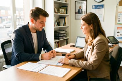 Un jeune homme échange avec une conseillère dans un bureau lumineux, tandis que des documents vierges liés au permis de conduire sont posés sur le bureau.