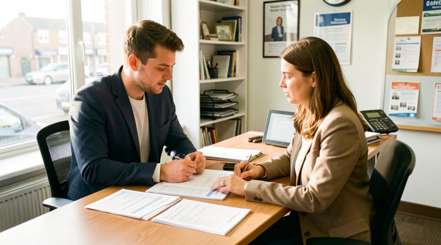 Un jeune homme échange avec une conseillère dans un bureau lumineux, tandis que des documents vierges liés au permis de conduire sont posés sur le bureau.