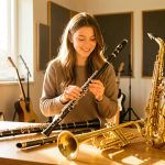 Jeune femme comparant plusieurs instruments à vent dans une salle de musique lumineuse et chaleureuse.