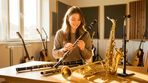 Jeune femme comparant plusieurs instruments à vent dans une salle de musique lumineuse et chaleureuse.