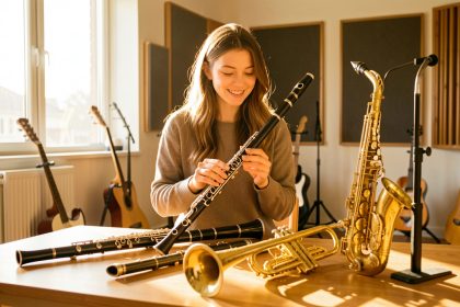 Jeune femme comparant plusieurs instruments à vent dans une salle de musique lumineuse et chaleureuse.