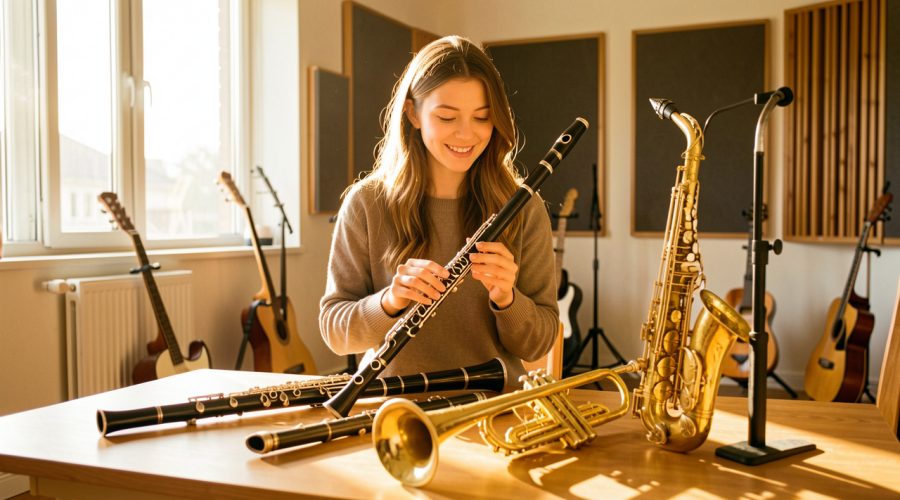 Jeune femme comparant plusieurs instruments à vent dans une salle de musique lumineuse et chaleureuse.