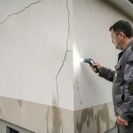 Maison individuelle rénovée avec une fissure visible sur la façade et des traces d’humidité, inspectée par un professionnel du bâtiment.