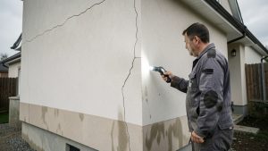 Maison individuelle rénovée avec une fissure visible sur la façade et des traces d’humidité, inspectée par un professionnel du bâtiment.