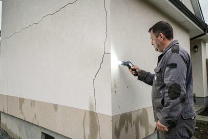 Maison individuelle rénovée avec une fissure visible sur la façade et des traces d’humidité, inspectée par un professionnel du bâtiment.