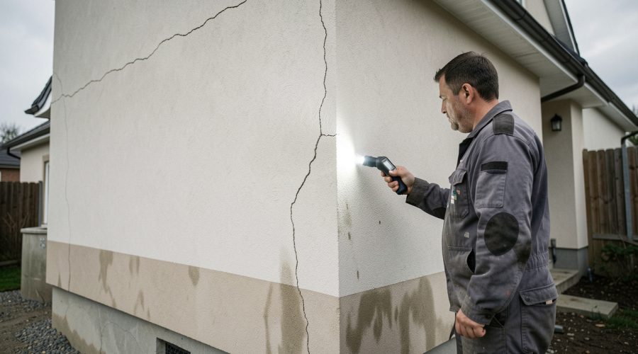 Maison individuelle rénovée avec une fissure visible sur la façade et des traces d’humidité, inspectée par un professionnel du bâtiment.