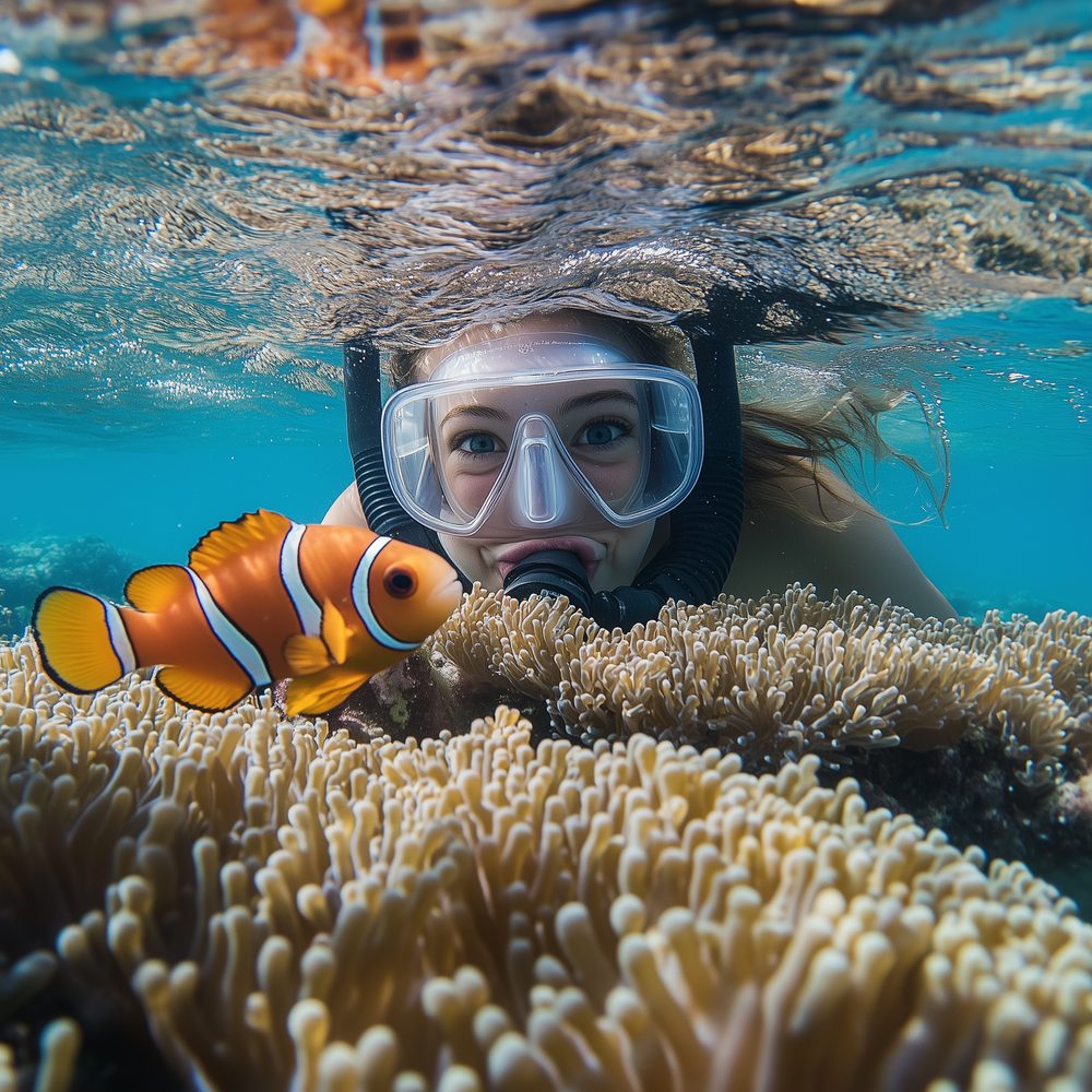 Snorkeling en famille dans une zone peu profonde avec des poissons près du rivage.
