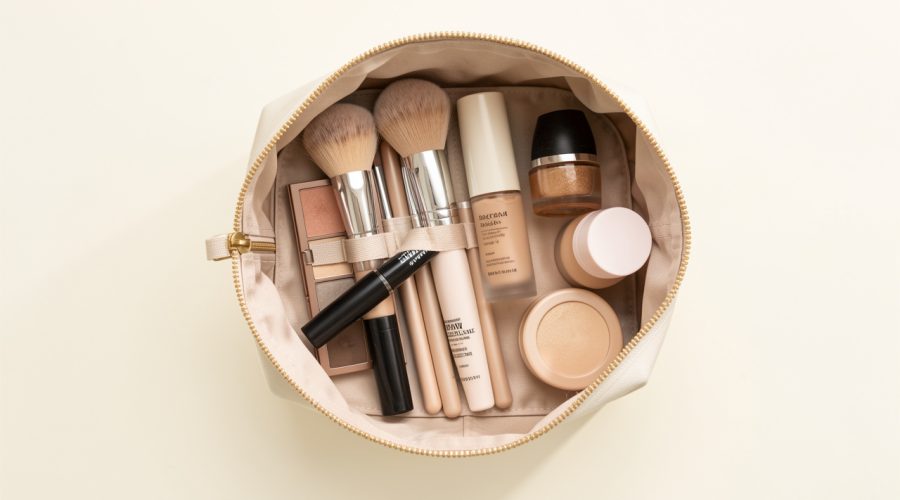 Trousse de maquillage ouverte contenant des pinceaux, une palette de fards, du mascara et plusieurs produits pour le teint sur un fond clair.
