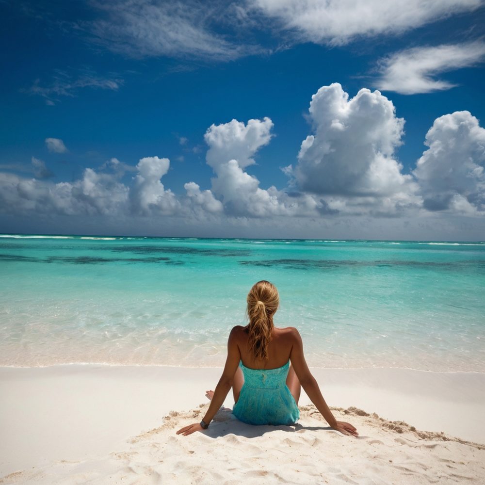 Voyageuse avec un sac à dos sur une plage tropicale des Caraïbes