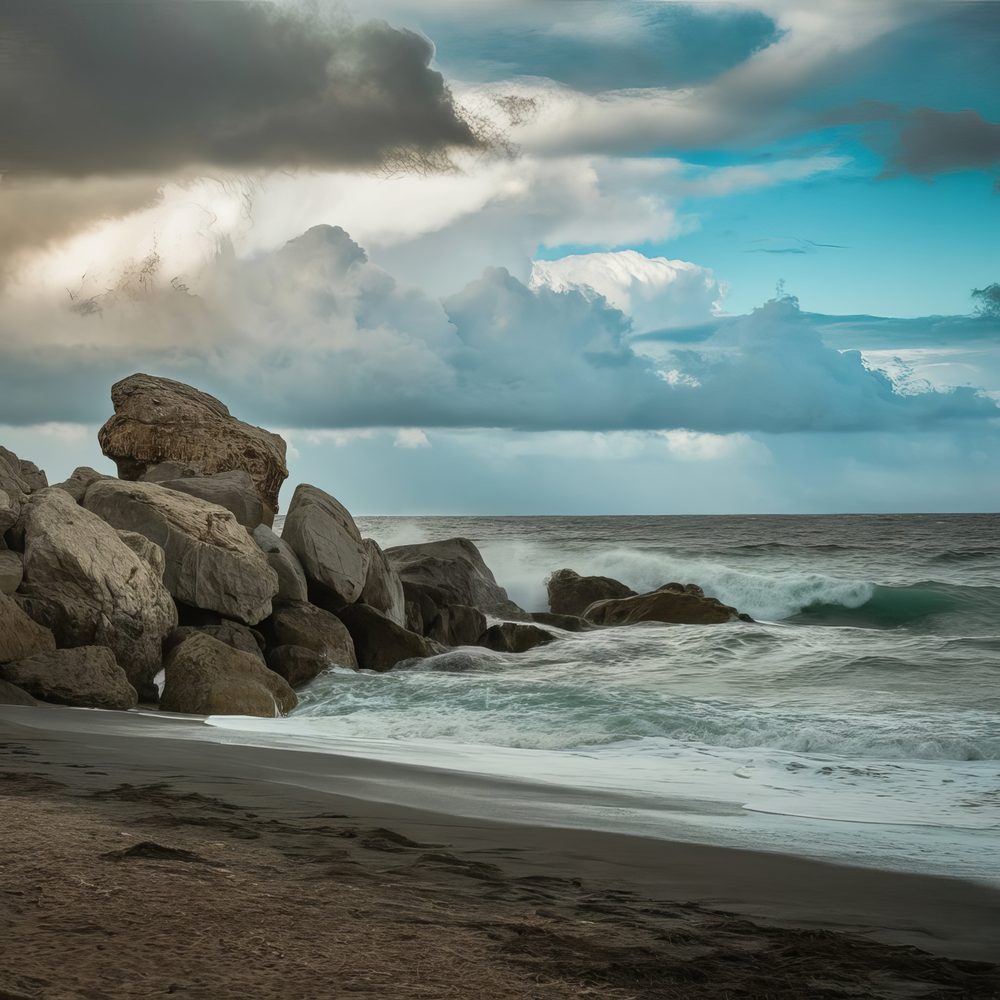 Voyageurs observant des nuages sombres depuis une plage caribéenne pendant la saison cyclonique.