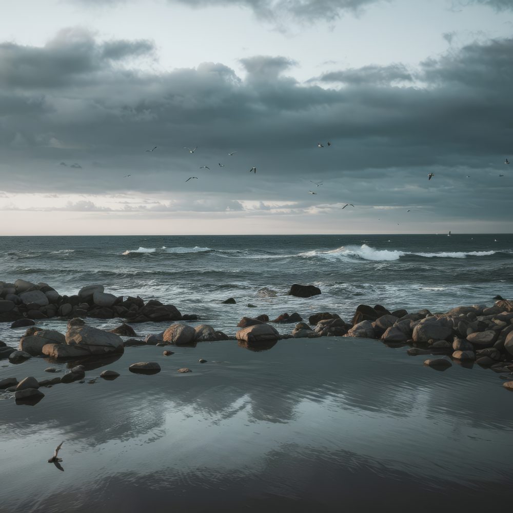 Côte caribéenne balayée par le vent avec de lourds nuages d’orage à l’horizon.