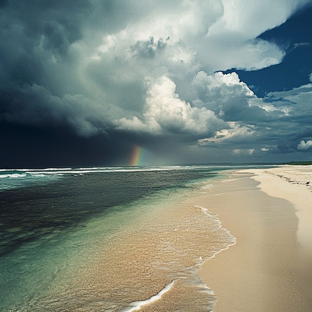 Plage tropicale des Caraïbes déserte sous un ciel menaçant en période de cyclones.