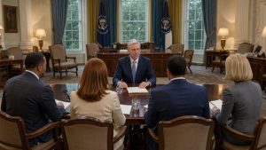 Vue éloignée et réaliste du Bureau ovale avec un président américain assis à une table d’interview face à quatre journalistes vus de dos, dans une lumière sobre.