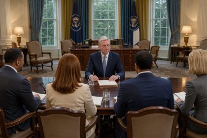 Vue éloignée et réaliste du Bureau ovale avec un président américain assis à une table d’interview face à quatre journalistes vus de dos, dans une lumière sobre.