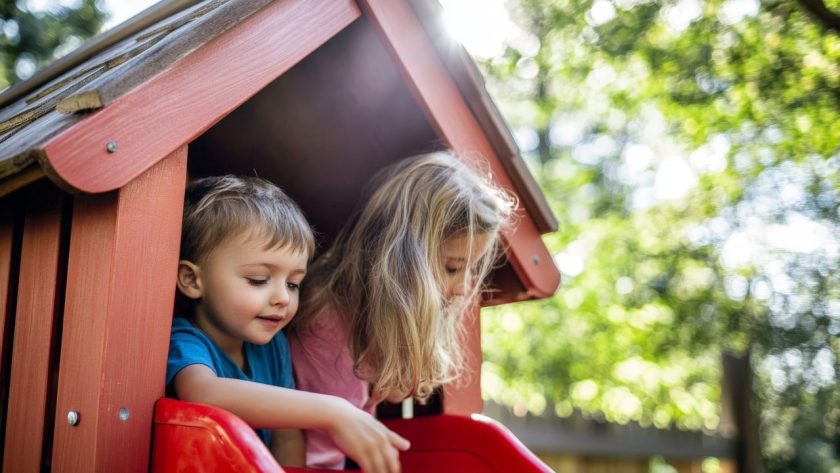 Des enfants jouent dans une cabane de jardin colorée, adaptée à leur âge et installée en extérieur.