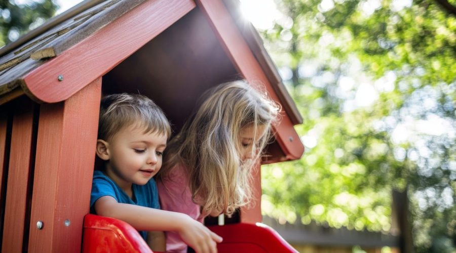 Des enfants jouent dans une cabane de jardin colorée, adaptée à leur âge et installée en extérieur.