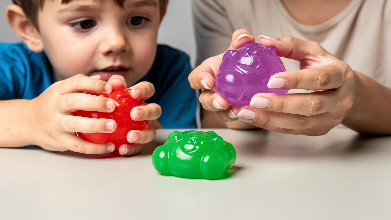Comparatif visuel de trois squishies colorés de tailles différentes, tenus par les mains d’un jeune garçon et d’une femme adulte, avec un jouet comprimé et un autre reprenant sa forme.