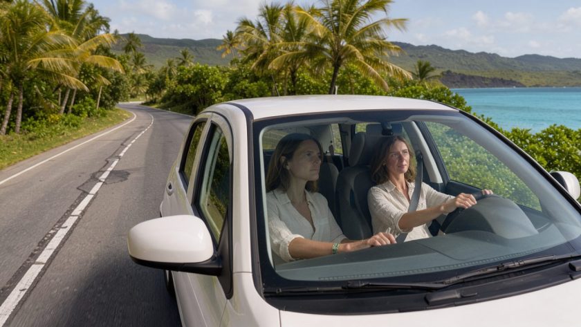 Une conductrice française roule calmement sur la voie de gauche d’une route sinueuse bordée de palmiers, avec la mer turquoise et les reliefs des Caraïbes en arrière-plan.