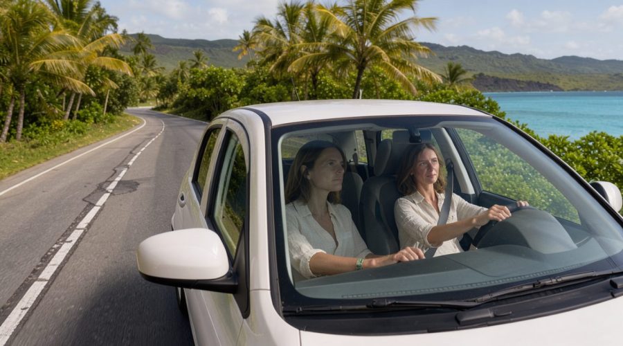 Une conductrice française roule calmement sur la voie de gauche d’une route sinueuse bordée de palmiers, avec la mer turquoise et les reliefs des Caraïbes en arrière-plan.