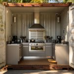 Cuisine d’été aménagée dans un conteneur maritime ouvert sous les tropiques, avec hotte en inox, grilles de ventilation et lumière naturelle.