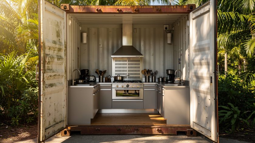 Cuisine d’été aménagée dans un conteneur maritime ouvert sous les tropiques, avec hotte en inox, grilles de ventilation et lumière naturelle.