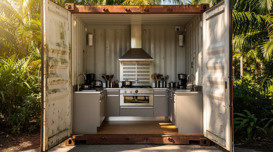 Cuisine d’été aménagée dans un conteneur maritime ouvert sous les tropiques, avec hotte en inox, grilles de ventilation et lumière naturelle.