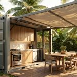 Cuisine moderne aménagée dans un conteneur tropical, protégée par un auvent extérieur et entourée d’une végétation luxuriante sous une lumière chaude.