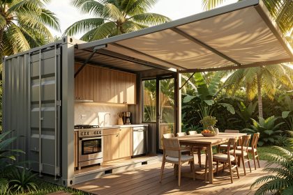Cuisine moderne aménagée dans un conteneur tropical, protégée par un auvent extérieur et entourée d’une végétation luxuriante sous une lumière chaude.