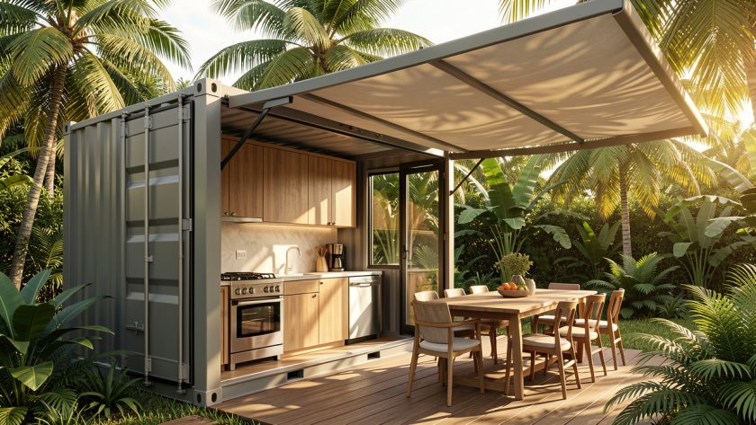 Cuisine moderne aménagée dans un conteneur tropical, protégée par un auvent extérieur et entourée d’une végétation luxuriante sous une lumière chaude.