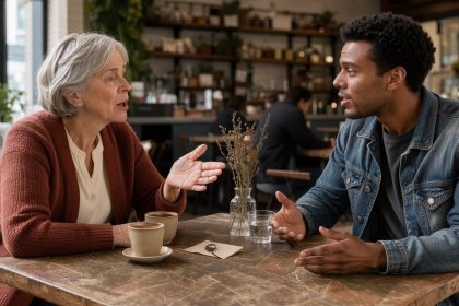 Une femme âgée et un jeune homme de générations différentes discutent chaleureusement autour d’une table dans un café réaliste.