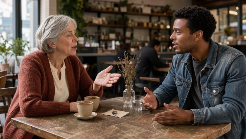 Une femme âgée et un jeune homme de générations différentes discutent chaleureusement autour d’une table dans un café réaliste.