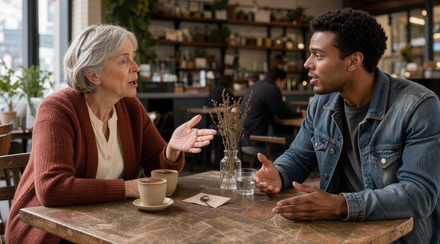 Une femme âgée et un jeune homme de générations différentes discutent chaleureusement autour d’une table dans un café réaliste.