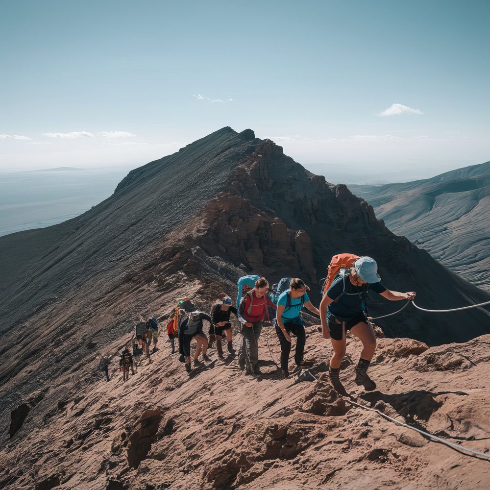 Groupe de marcheurs équipés de sacs à dos sur un chemin escarpé de montagne