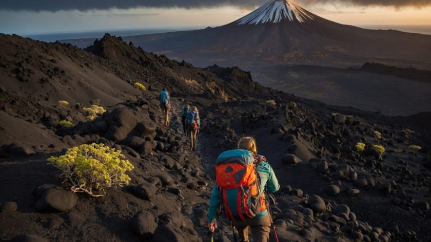 Randonneurs débutants sur un sentier volcanique menant à la Soufrière de Guadeloupe
