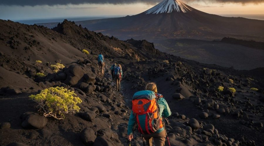 Randonneurs débutants sur un sentier volcanique menant à la Soufrière de Guadeloupe